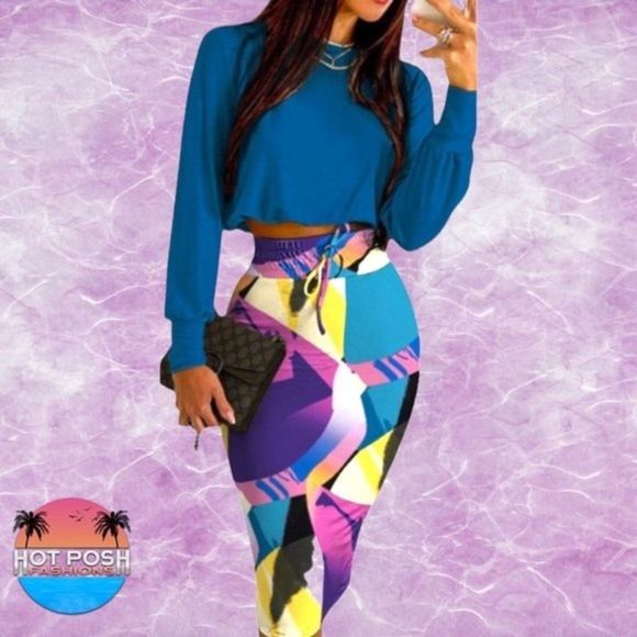 Long Sleeve Top Abstract Print Drawstring Skirt Set - Picture 1 of 8